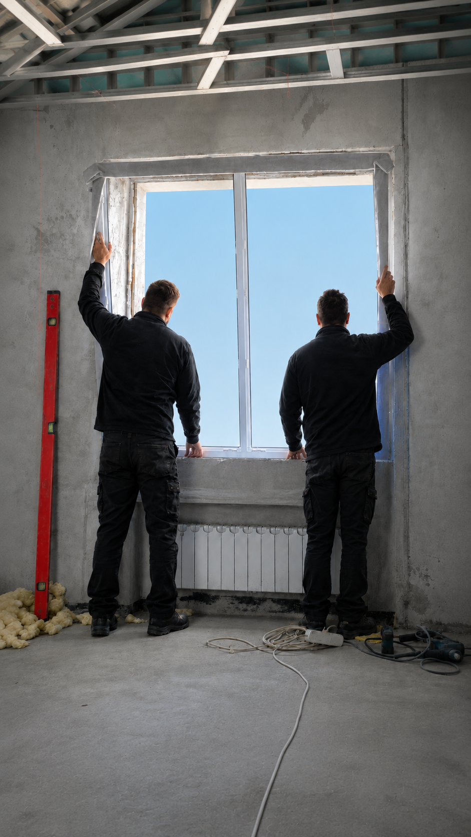 Zwei Monteure richten ein neues Fenster fachgerecht aus