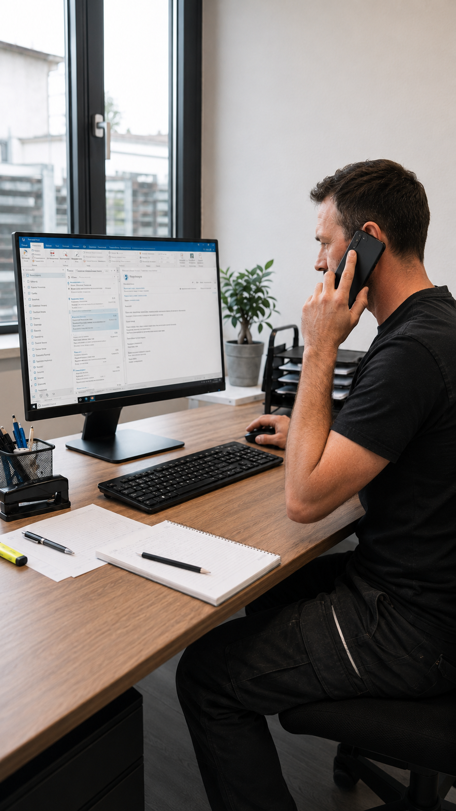 Mitarbeiter telefoniert im Büro mit einem Kunden und prüft die Anfrage am Monitor